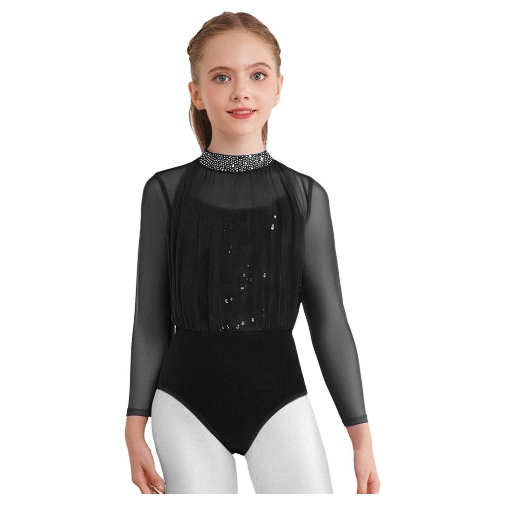 Girls Dance Leotard Long Sleeve Keyhole Back Design Sequins Rhinestones Sheer Mesh Figure Skating Outfit