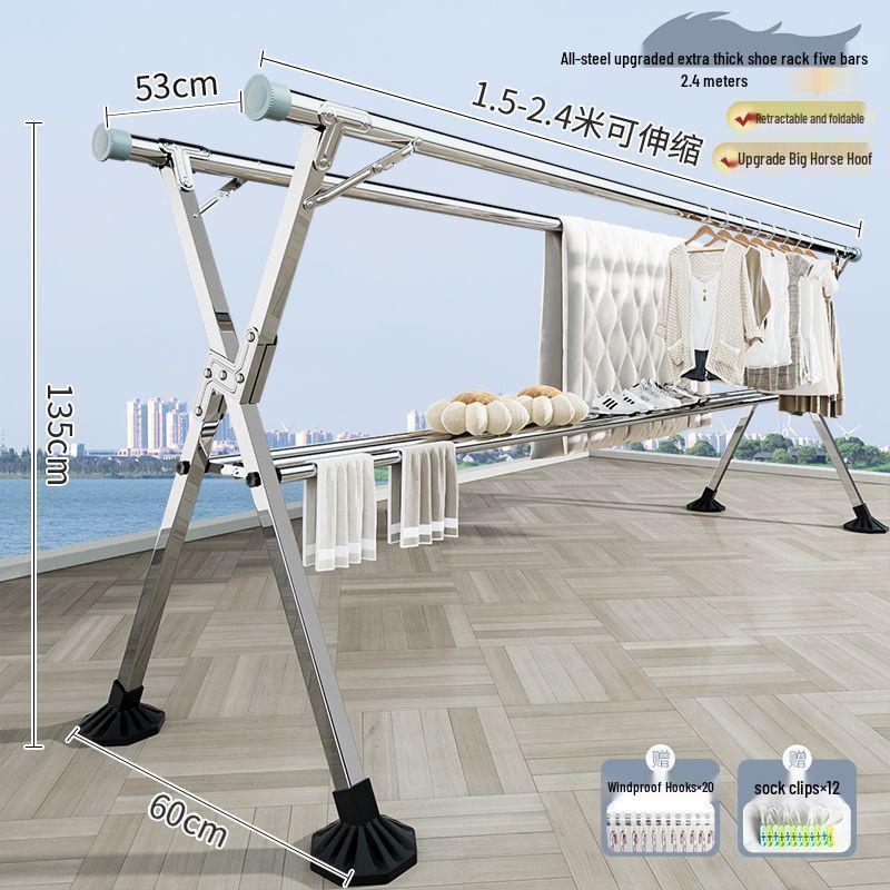 Bold Stainless Steel Folding Clothes Drying Rack - Floor-Standing, Telescopic, Indoor/Outdoor Use, Vertical Hanging Rod.