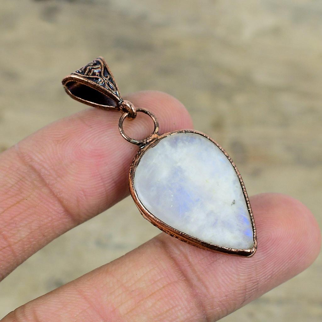 Кулон Rainbow Moonstone, гальванопластический медный кулон, изящный кулон, гальванопластическое ювелирное изделие ручной работы, натуральный драгоценный камень, кулон в подарок для женщин