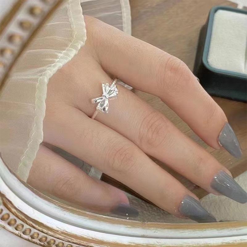 Sterling Silver S925 Personality Bow Open-End Ring for Women High Fashion Princess On the Run