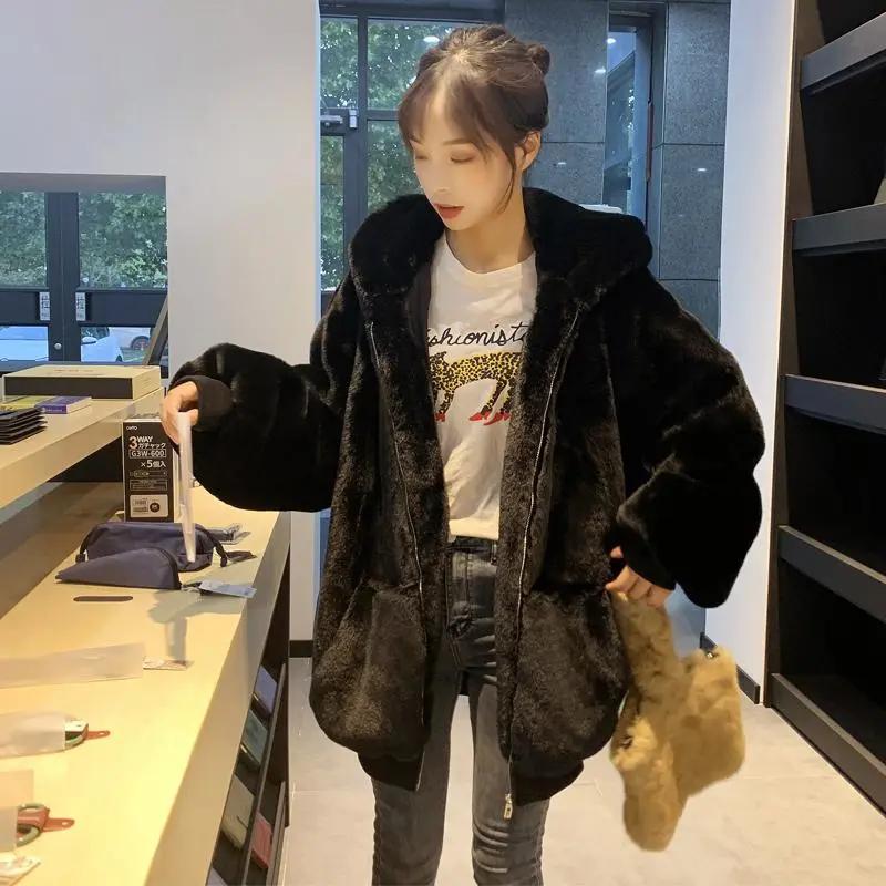 Loose Thick Plush Coat for Women Winter Imitation Fur Rabbits Grass Coat Female Warm Zipper Jacket Hooded Parka Overcoat