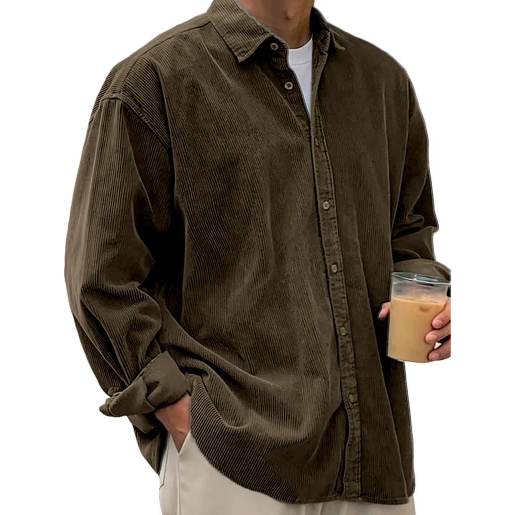 Men's Casual Solid-color Corduroy Button Shirt, Men's Long-sleeved Trendy Loose Square-neck Thick Shirt