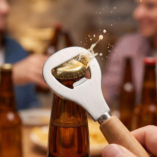 Открывалка для пивных бутылок, Съемник крышек из нержавеющей стали с ручкой из буковой древесины, Прочная открывалка для кухни, бара, кемпинга, путешествий на природе