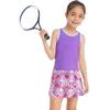 2Pcs Kids Girls Tennis Suit Sleeveless Racer Back T-shirt Top and Elastic Waist Skirt with Built-in Shorts Set for Running Gym Tennis Golf Sportswear