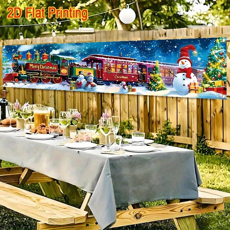 Christmas Fence Banner, Snowman Train with Merry Christmas Text, lawn wall outdoor festive sign