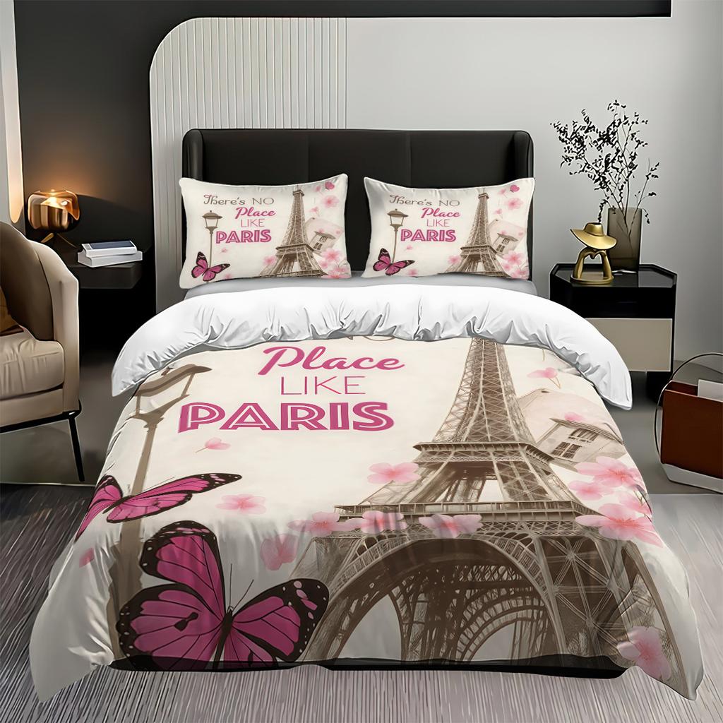 Pink Paris Architecture Eiffel Tower Print Bedding Set Soft Duvet Cover King Queen Twin Single Size Birthday Gift Bedroom Decor