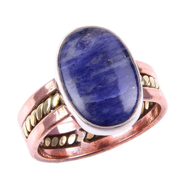 Кольцо из натурального содалита, ручная работа, серебро 925 пробы, двухцветное, размер 8US E9R98