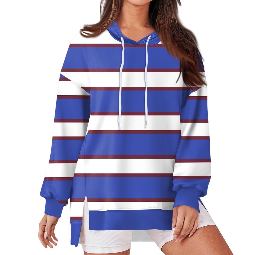 Женская модная повседневная толстовка с капюшоном с длинными рукавами и завязками, полосатая лоскутная принтованная свободная толстовка с разрезом