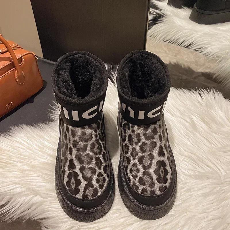 Модные леопардовые женские меховые зимние ботинки до щиколотки, на плоской подошве, на платформе, 2025, зимние, короткий плюш, теплые женские ботинки, спортивная обувь, женские ботинки челси