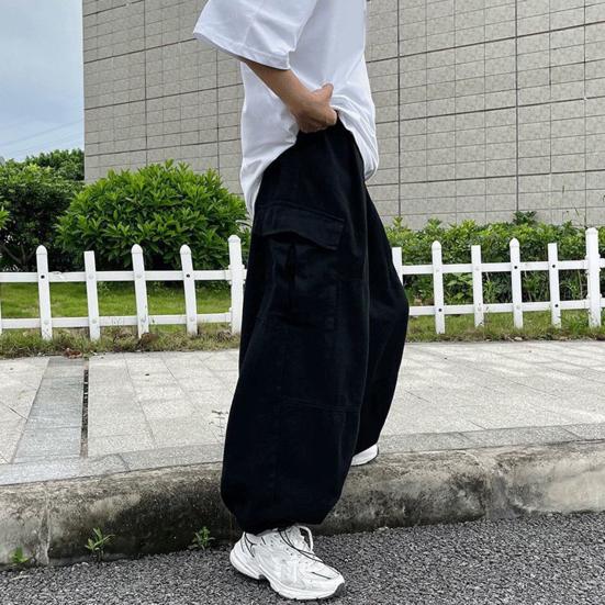 Men Pants with Multi Pockets Elastic Waist Wide Leg Oversized Vintage Cargo Pants Solid Color Streetwear Slacks for Outdoor Hiking Camping