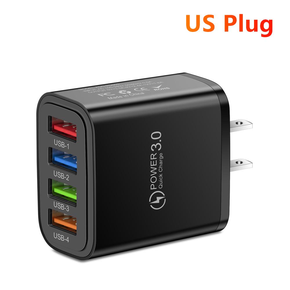 4-портовое USB-зарядное устройство для мобильных телефонов и планшетов 3А - Стандарты США/ЕС, Разноцветное