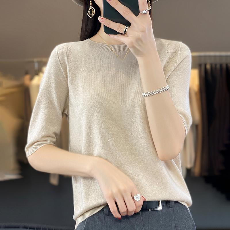 Женская летняя футболка с коротким рукавом, 50% шелка тутового дерева и полиэстера | Легкий дышащий облегающий повседневный топ