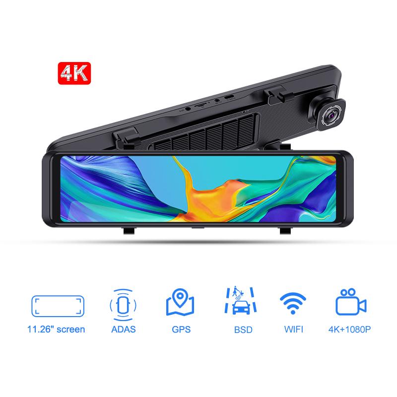 11,26-дюймовый сенсорный 4K автомобильный видеорегистратор с двумя объективами, видеорегистратор с WIFI GPS BSD, зеркало заднего вида, камера 1080P, видеозапись, аудиозапись, парковочный монитор