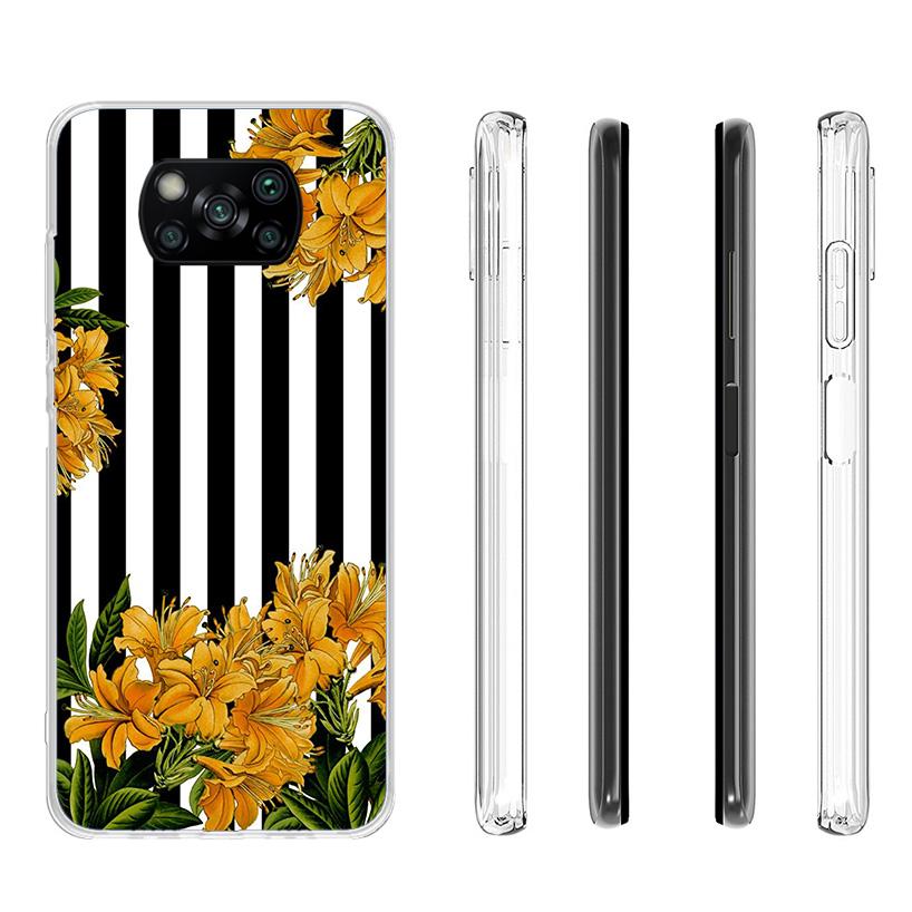 Black White Stripes Flower Cover Phone Case For Xiaomi Poco F7 Ultra X7 X6 X5 Pro M7 Redmi 15C 15 13C 13 12C 12 10C 10 9A 9C 9T