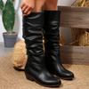 Fashion Black Pu Leather Knee-High Boots Women Slip On Med Heel Western Cowboy Boots Woman Autumn Winter Pleated Long Botas Plus Size 43