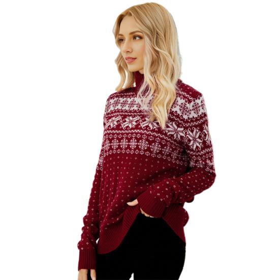 Женский рождественский свитер с высоким воротником и длинным рукавом, жаккардовый принт со снежинками, вязаные топы, свободный трикотаж