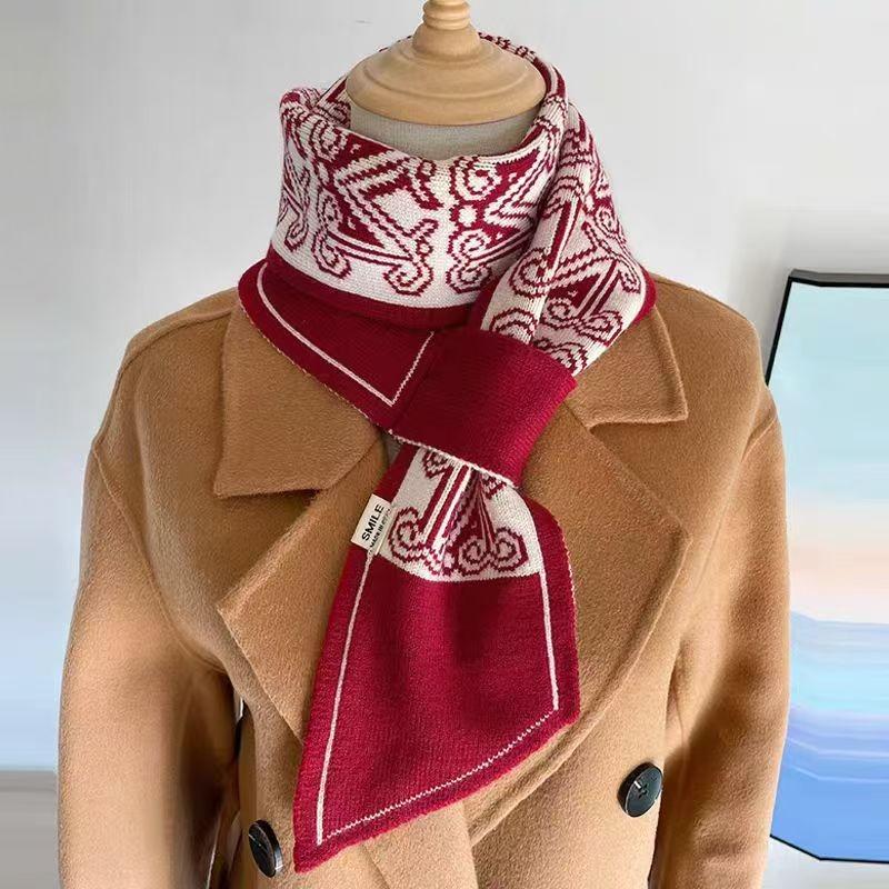 New Knitted Small Scarf Women's Wool Scarf Autumn and Winter Small Ears Letter Camellia Narrow Scarf