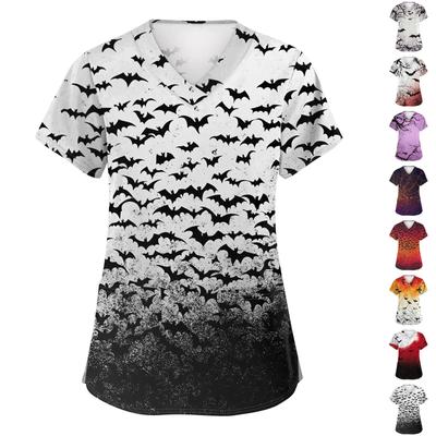 Женская модная рабочая униформа с V-образным вырезом и короткими рукавами, с карманами, топ с принтом на Хэллоуин