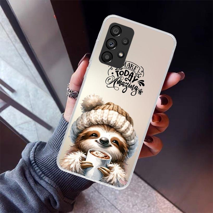 Animal Cute Cartoon Sloth Coffee Phone Case For Samsung Galaxy A12 A52S A42 A32 A22 A51 A50 Note 20 Ultra 10 S10 Plus A71 A70 A3
