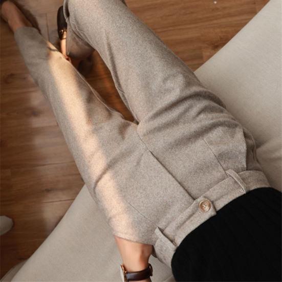 Women Suit Pants Herringbone Print High Waist Thick Warm Slim Fit Straight Soft Pockets OL Commute Formal Long Trousers Lady