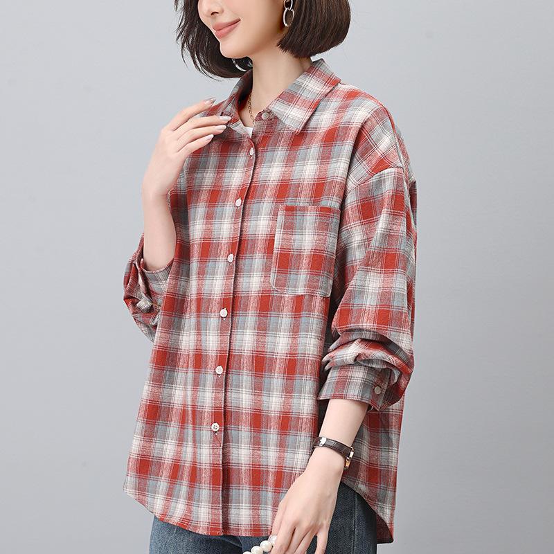 Женская рубашка с длинным рукавом из чистого хлопка в клетку - Осенняя блузка для мамы 2024 года, идеально подходит для весны и осени.