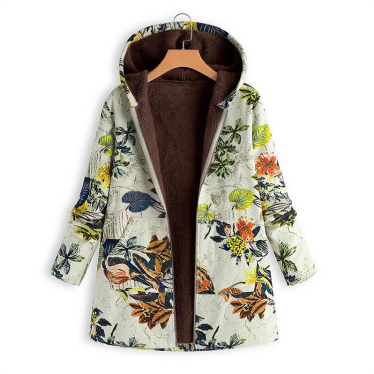 Винтажная куртка с капюшоном большого размера с цветочным принтом для женщин, с длинным рукавом, толстая плюшевая на молнии, комбинированное пальто