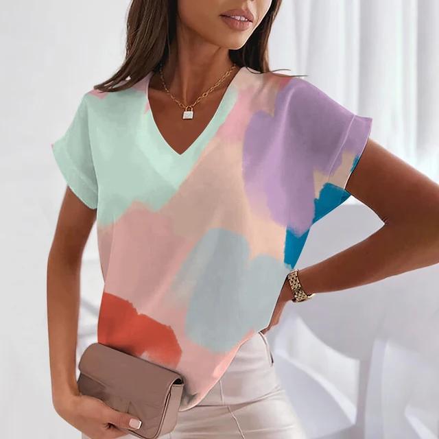 Летние женские футболки с геометрическим узором и V-образным вырезом, сексуальные топы с коротким рукавом, модная футболка с принтом, футболка Harajuku, женская одежда больших размеров
