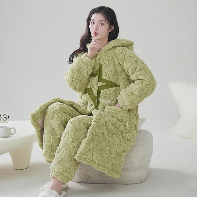 2023 Женская ночная рубашка из кораллового флиса: Плотный бархат с подкладкой, осенне-зимний, универсальный костюм для дома и улицы