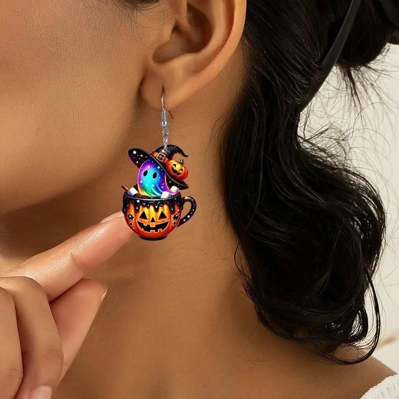 Colorful Halloween Themed Cartoon Ghost Pumpkin Pattern Women Earrings Acrylic