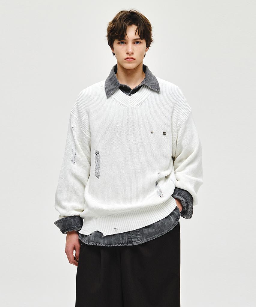 ZIOSONGZIO Вязаный свитер с V-образным вырезом, потертый, цвет Off-White, Zi2Kt212Ow