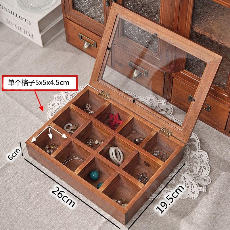 12/9 Grid Retro Solid Wood Jewelry Box, Wooden Jewelry and Cultural Toys Grid Storage Box with Glass Cover Jewelry Organizer