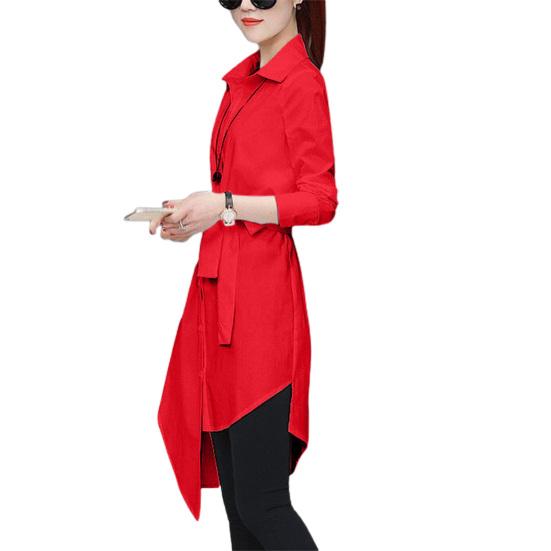 Women Shirt Long Sleeve All Match Loose Commute Mild-length Dressing Up Polyester Irregular Tied Belts Lady Shirt Female Clothing