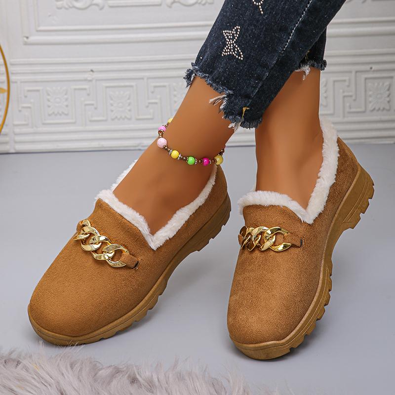 Модные трендовые толстые плюшевые ботинки на низкой платформе с цепочкой, женские зимние износостойкие теплые ботильоны, женские однотонные мягкие нескользящие мокасины