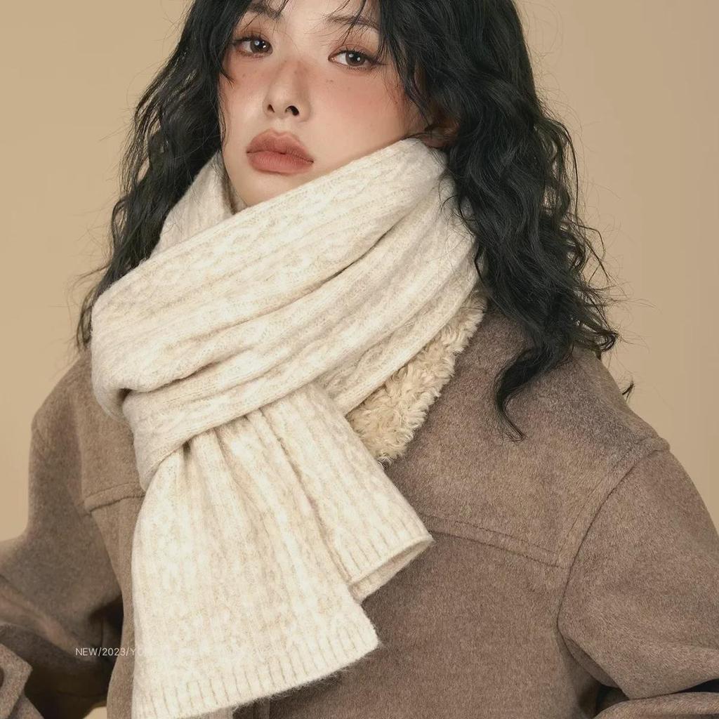 Теплый ретро-белый вязаный шерстяной шарф: Мягкий клейкий рисовый дизайн для женщин и мужчин