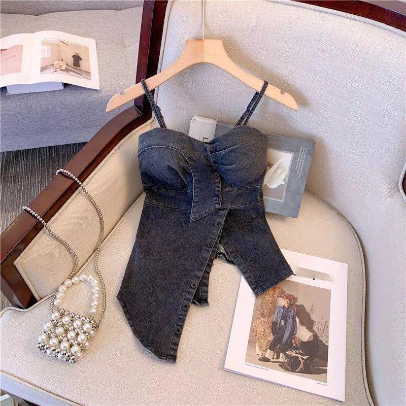 Summer Spice Girl Style Denim Sling Vest Women Irregular Sexy Slim Fit Versatile Top Y2k Aesthetic Bodycon Tanks