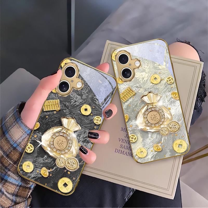 Счастливый мешок благословений Для iPhone 17 Pro Max 16 16E 15 14 13 Plus 12 mini 11 15Pro 17 Air XR X 17ProMax Золотой стеклянный чехол для телефона