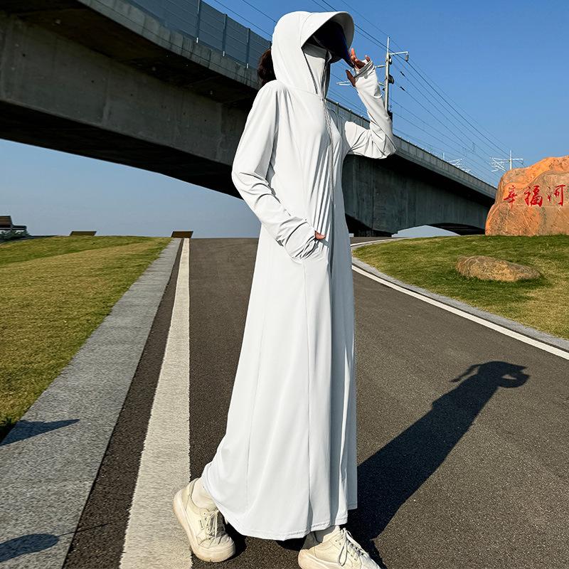 Summer 1011 New Sun Protection Shirt Women's Long Dress, Full Outdoor Breathable UV Protection Sun Protection Dress, Waist-Cinching