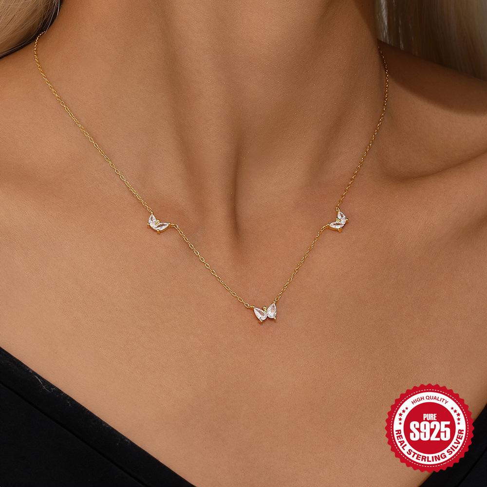 Wind Commuting Simple Wear S925 Sterling Silver Irregular Geometric Zircon Splicing Butterfly Element Necklace