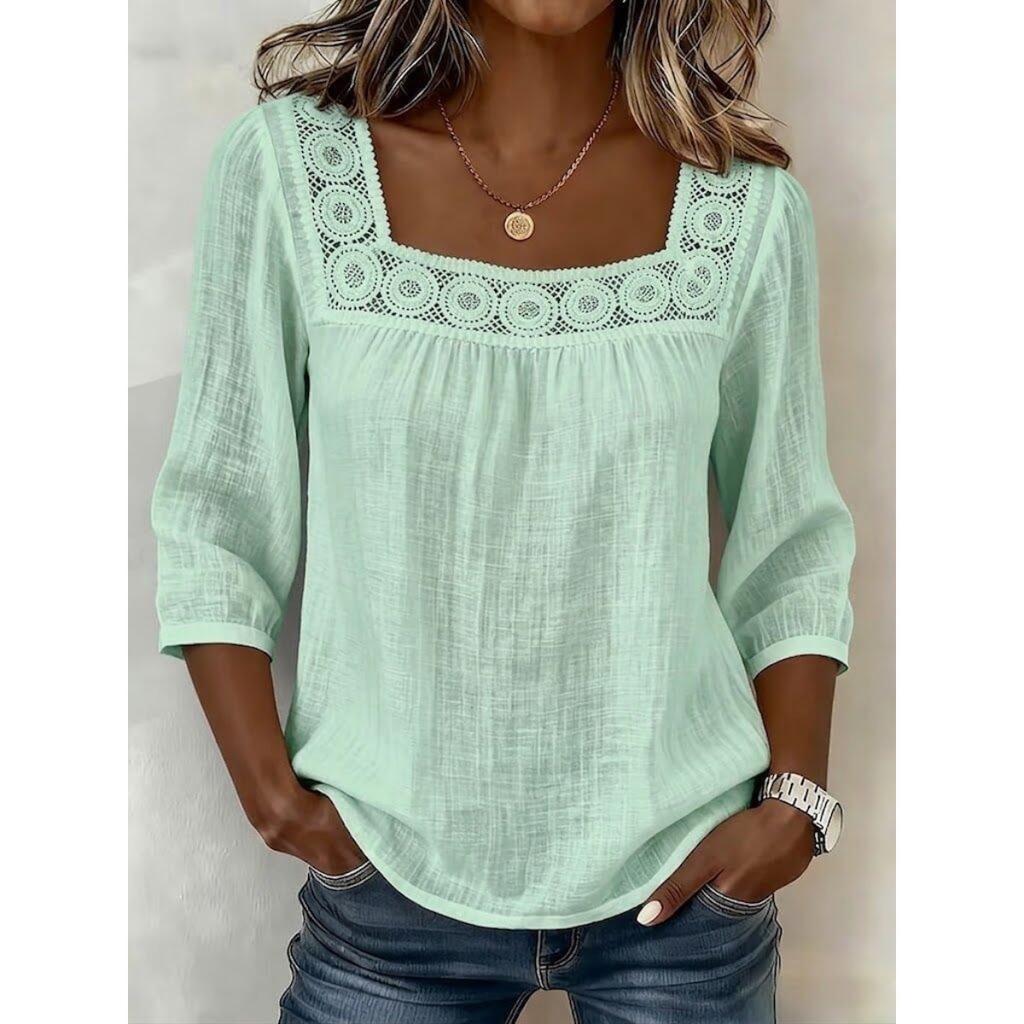 New Summer Women's Solid Square Collor Lace Patchwork 3/4 Sleeve Cotton Linen Casual Top