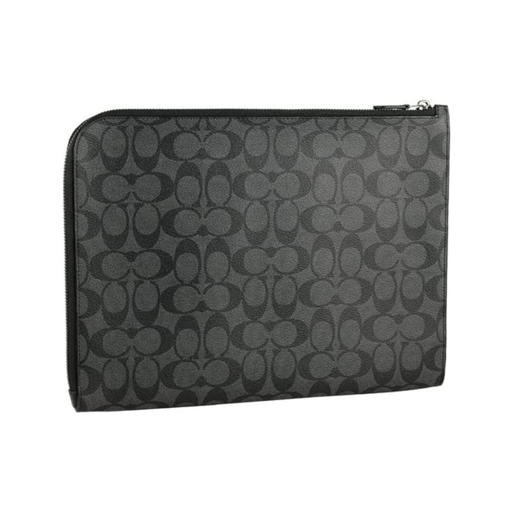 Coach L-Zip 33 Monogram Coated Canvas And Calfskin Laptop Briefcase Zipper Folder Clutch Men bags Charcoal C3144-QBCHR