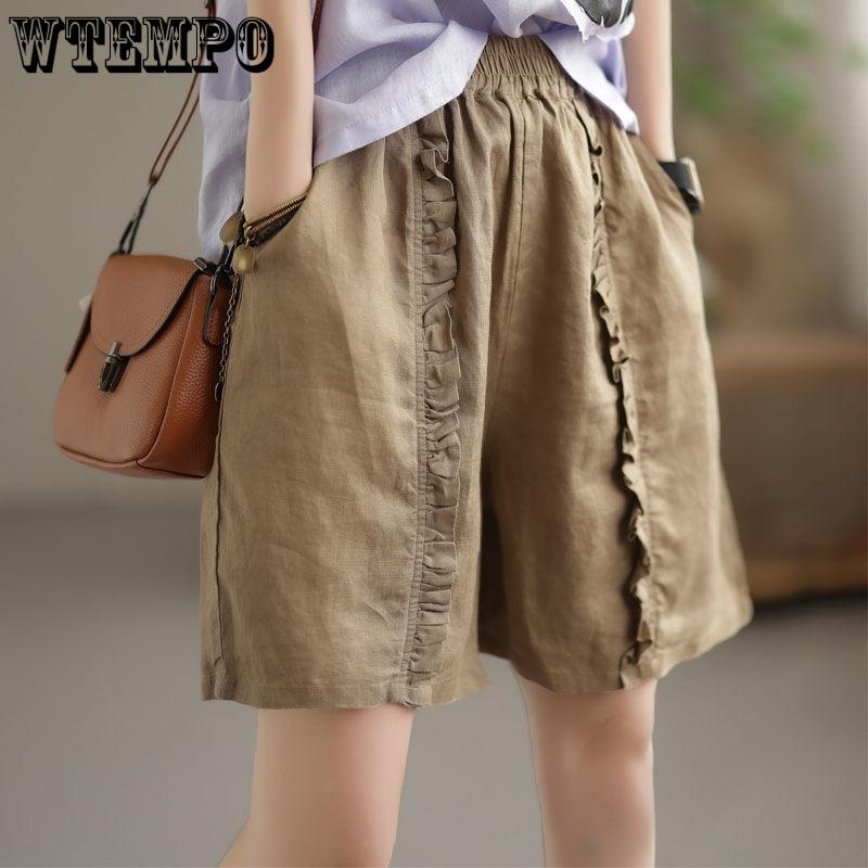 Summer Women's Shorts Casual Pants Loose Retro Pleated Women's Cotton Linen Elastic Waist Pants