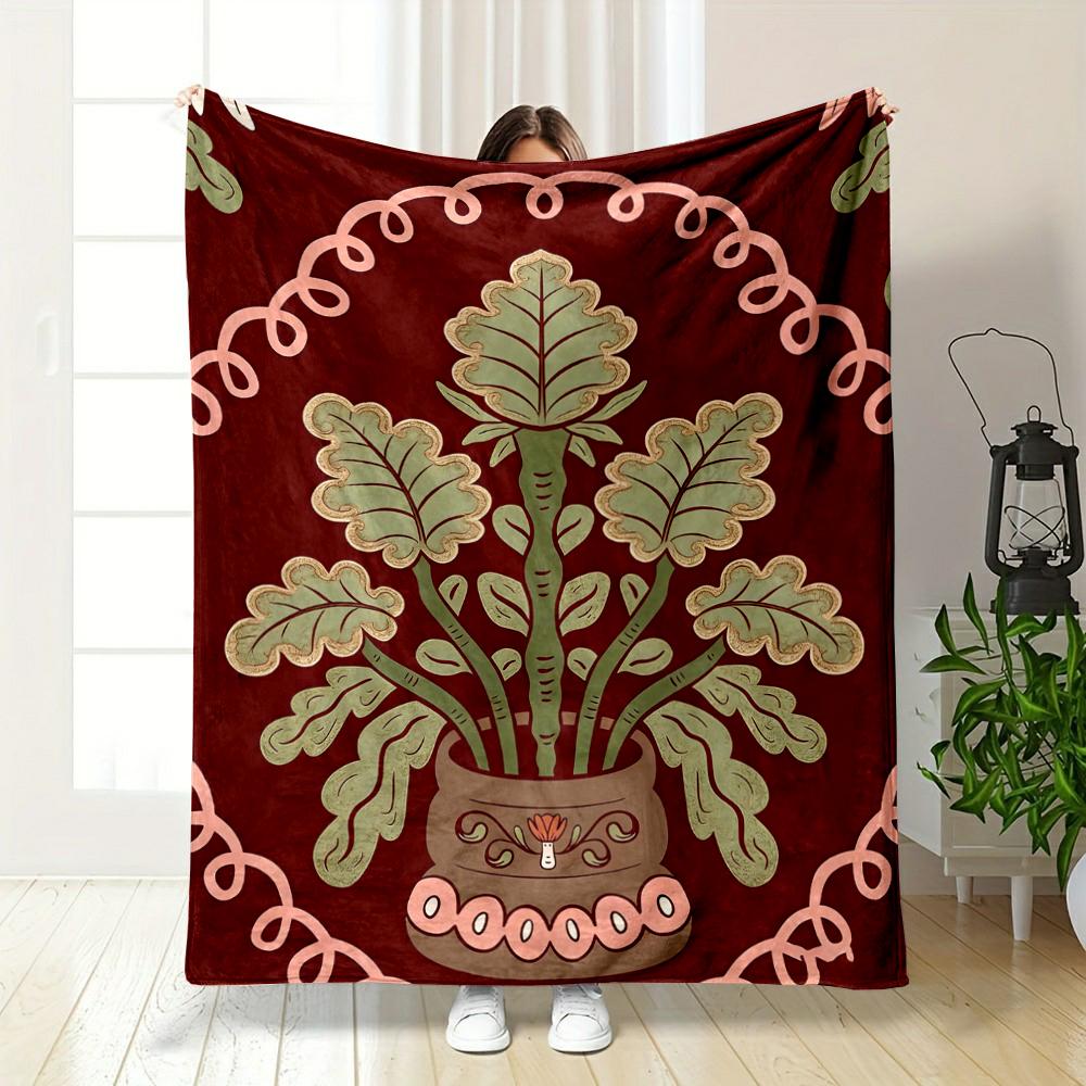 Vintage Botanical Design on Red Background Flannel blanket for bedroom, living room, sofa, and nap sofas