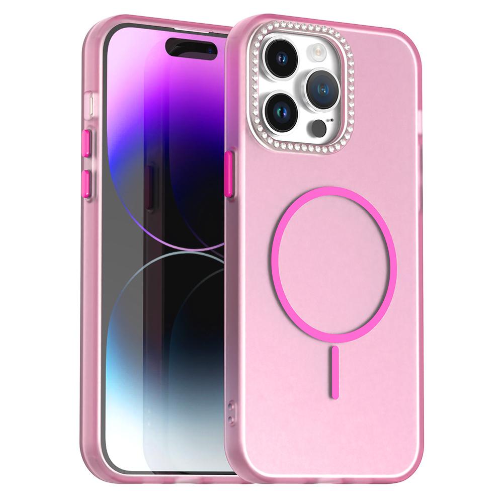 For iPhone 14 Pro Case Compatible with MagSafe TPU+PC+PET Phone Cover Rhinestone Decor Lens Frame