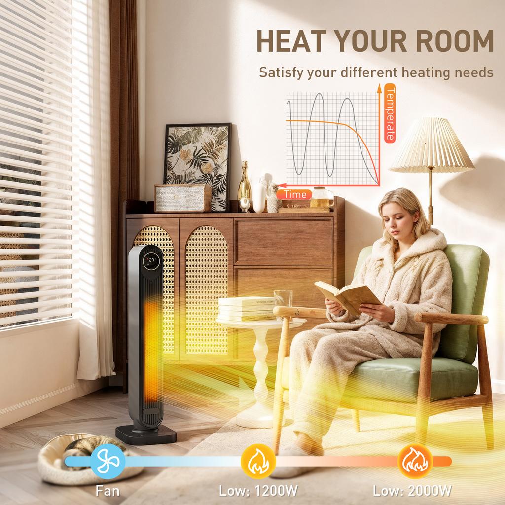 2000W Ceramic Electric Heater with Fan, Timer, Oscillation - Black