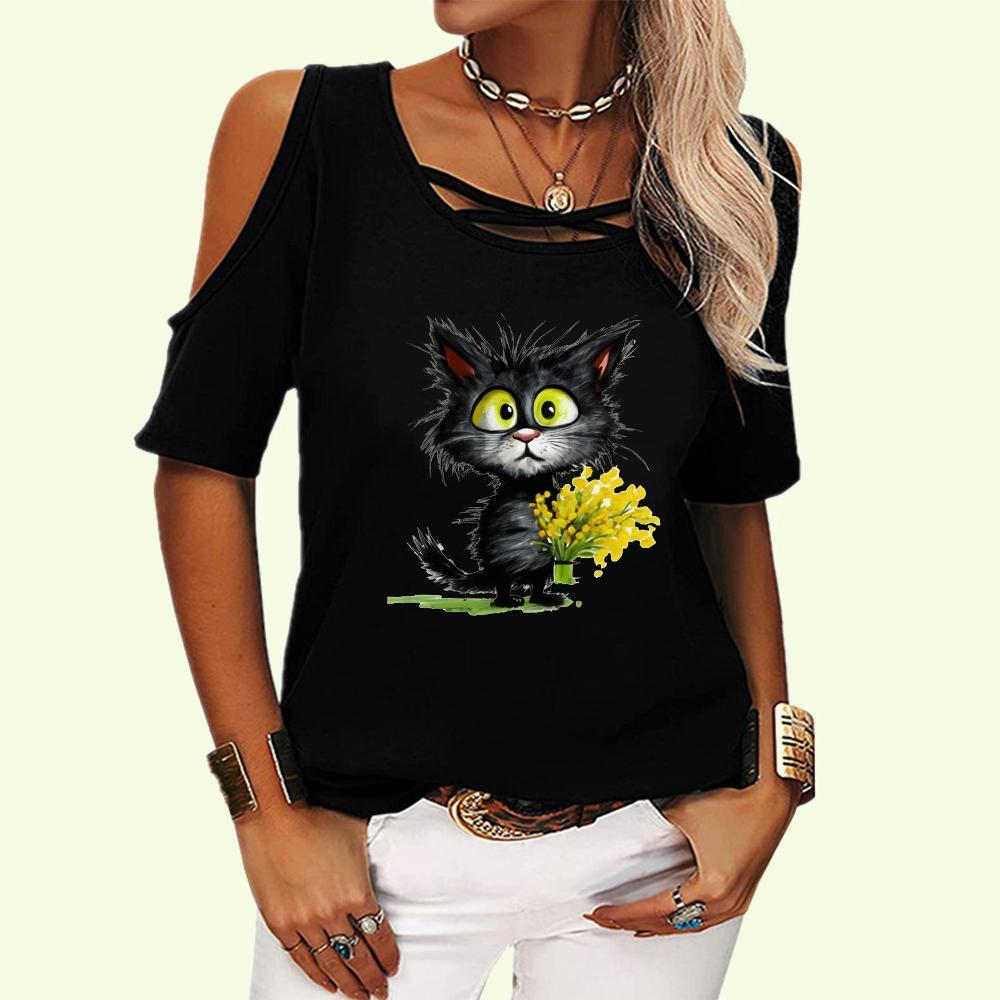 Женская модная футболка с открытыми плечами, женская повседневная футболка с круглым воротником, летний принт, короткий рукав, футболка