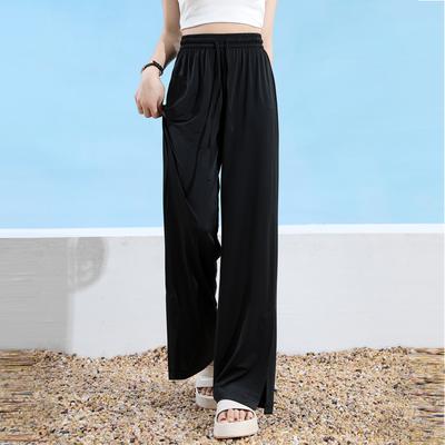 Брюки палаццо из ледяного шелка для женщин на лето, тонкие, с разрезом, повседневные, с высокой талией, большого размера, женские прямые брюки с защитой от солнца