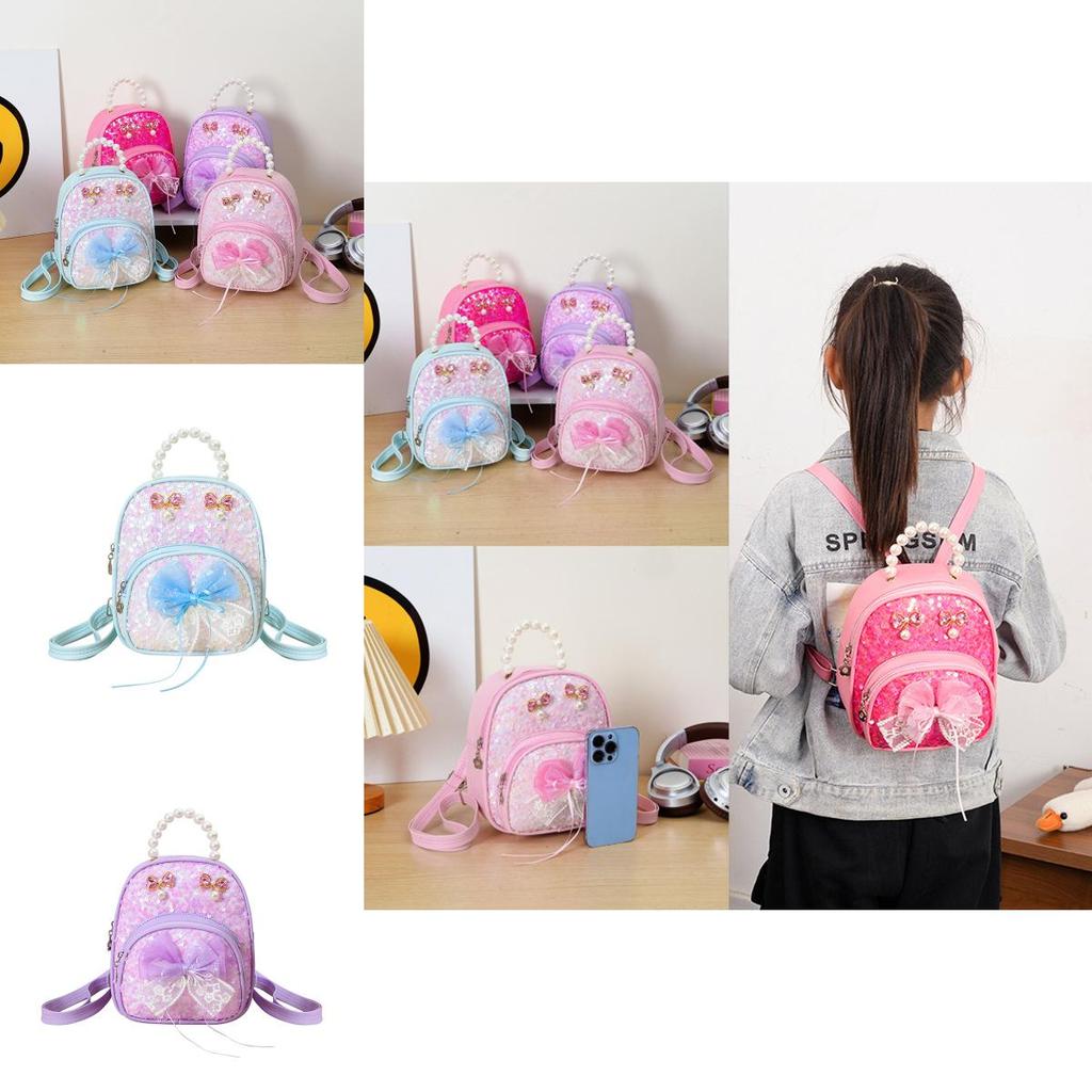 Childrens Cute Pink Pu Double Shoulder Bag With Artificial Pearl Hand Held And Bow Decor For Kindergarten