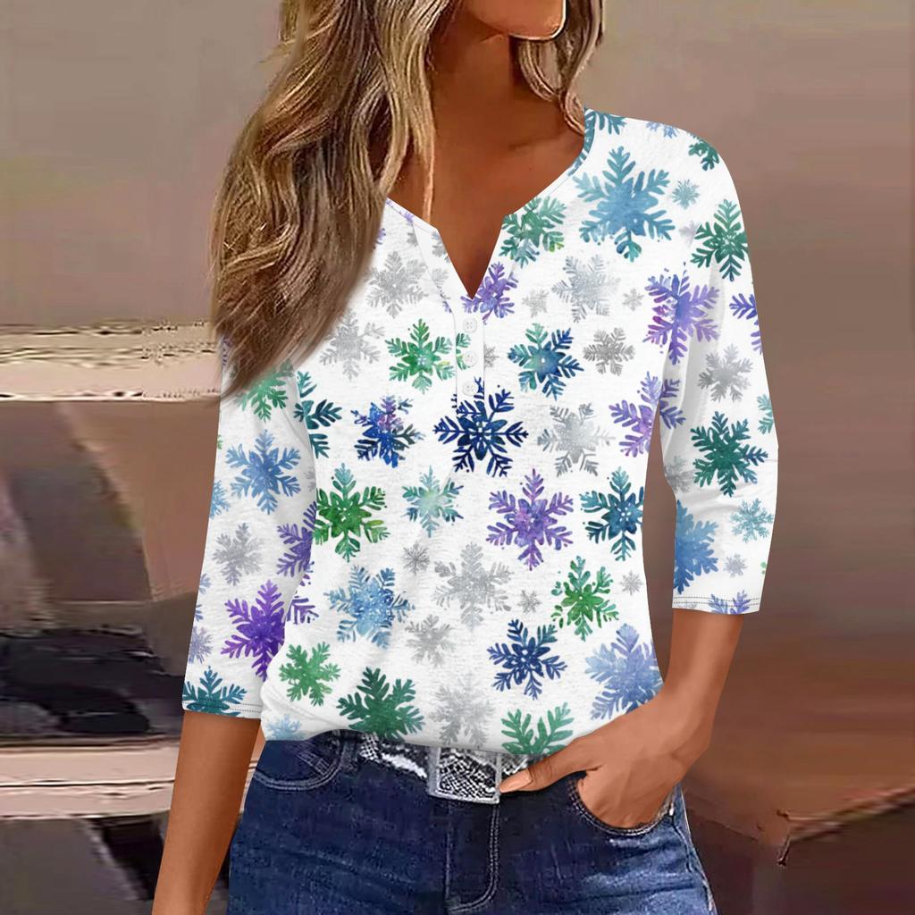 Women's Fashionable Casual Christmas Printed V-neck Three-quarter Sleeve Decorated Button Top