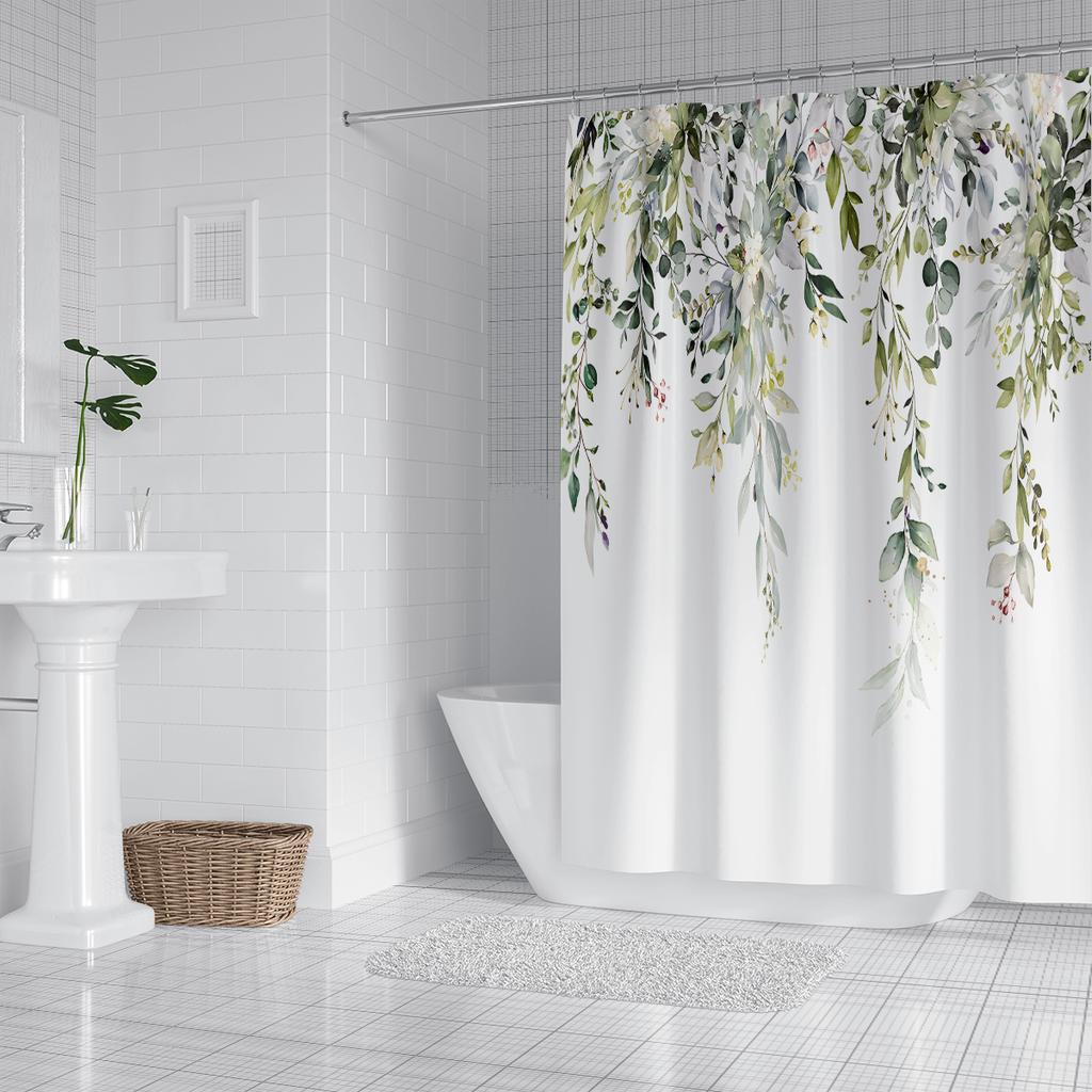 1PC Green Sage Plants Pattern Printed Shower Curtain, Waterproof and Washable, with 12 Hooks, Bathroom Shower, Bathtub, Home Use