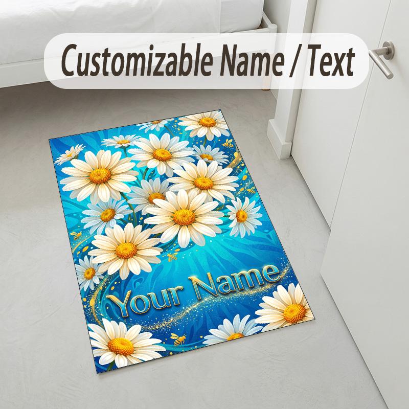 Floral Garden Theme Crystal Velvet Rug Personalized Custom Name Text Soft Floor Mat Home Decor